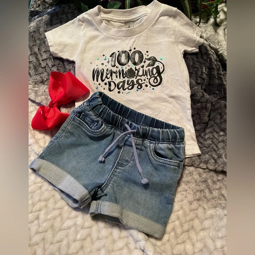 Girls 2T 2 pc set w rolled up denim shorts drawstring elastic waist w 100 day